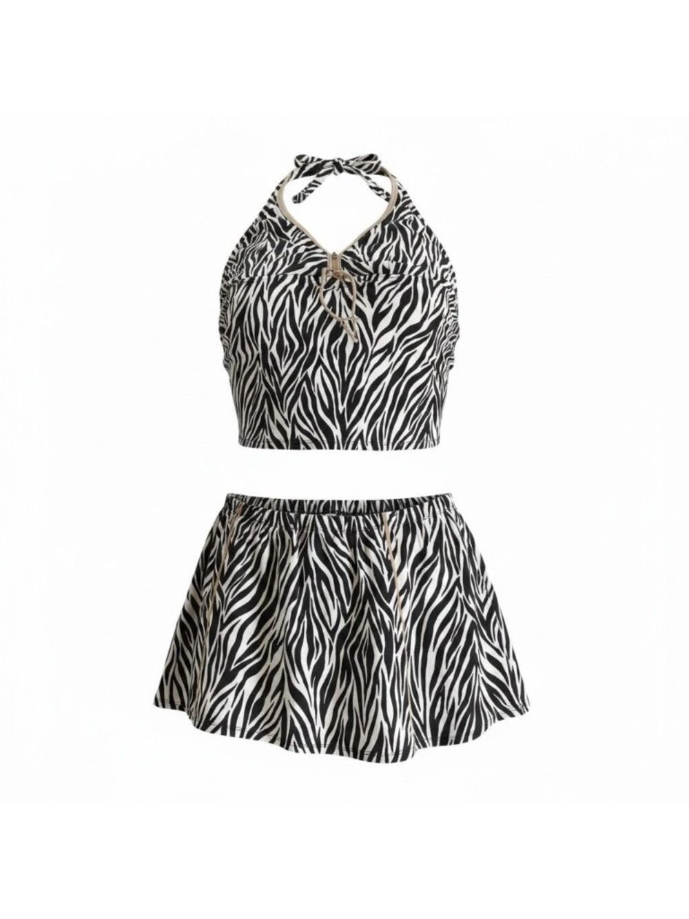 Zebra Print Halter Top & Skirt Two-Piece Swimwear Set 18W